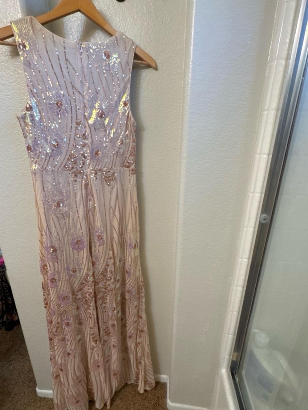 Sleeveless Blush Sequin Floral Evening Gown